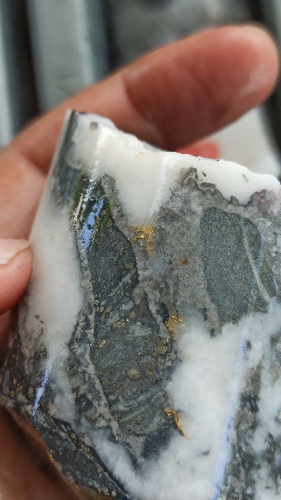 Hand-held drill core with gold flecks, Nigeria